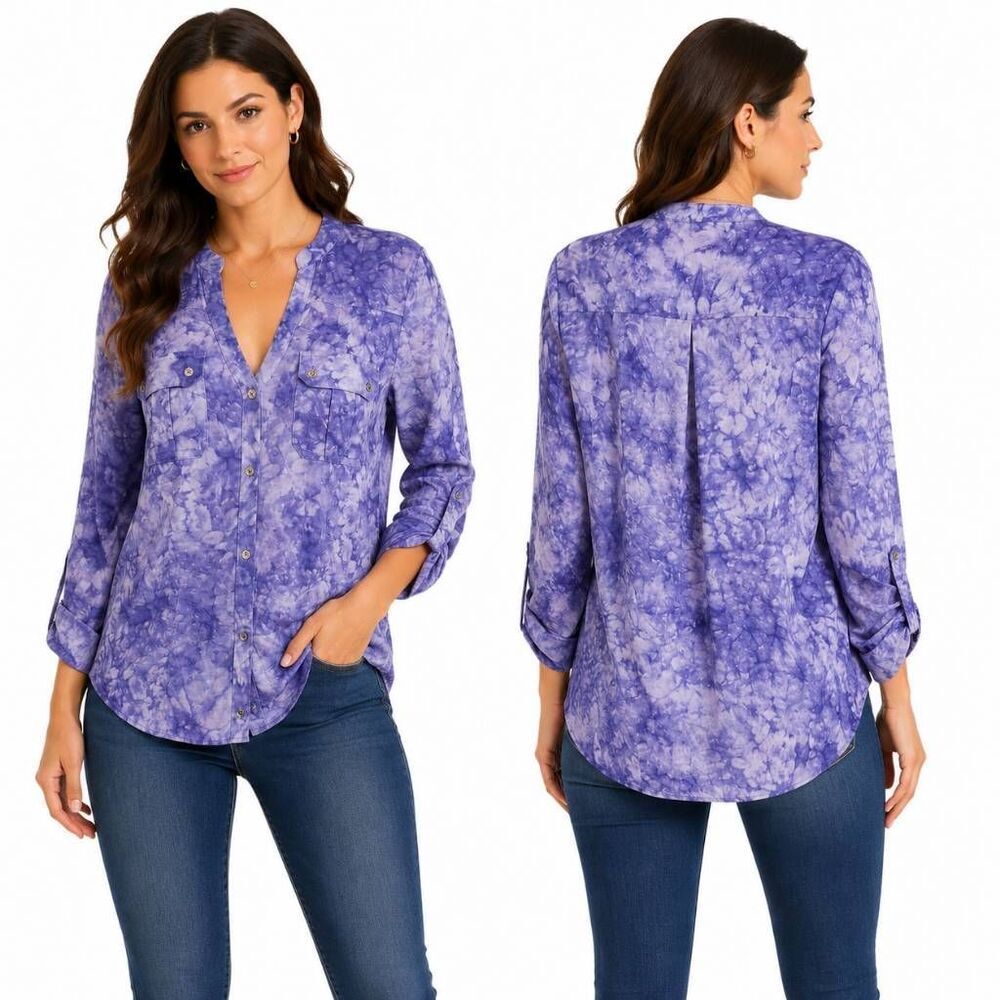 Maurices Women’s Purple Tie Dye Button Down Blouse Size S Long Sleeve 100% Rayon